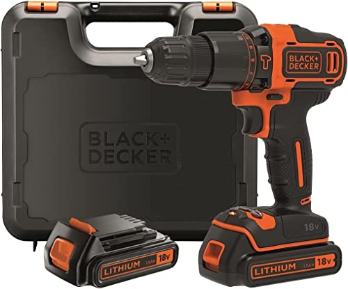 BLACK+DECKER BDCHD18KB Taladro Percutor Inalámbrico 18V 1.5Ah con 2 Baterías y Maletín 10 mm 2 Velocidades Luz LED, Color Negro, Naranja